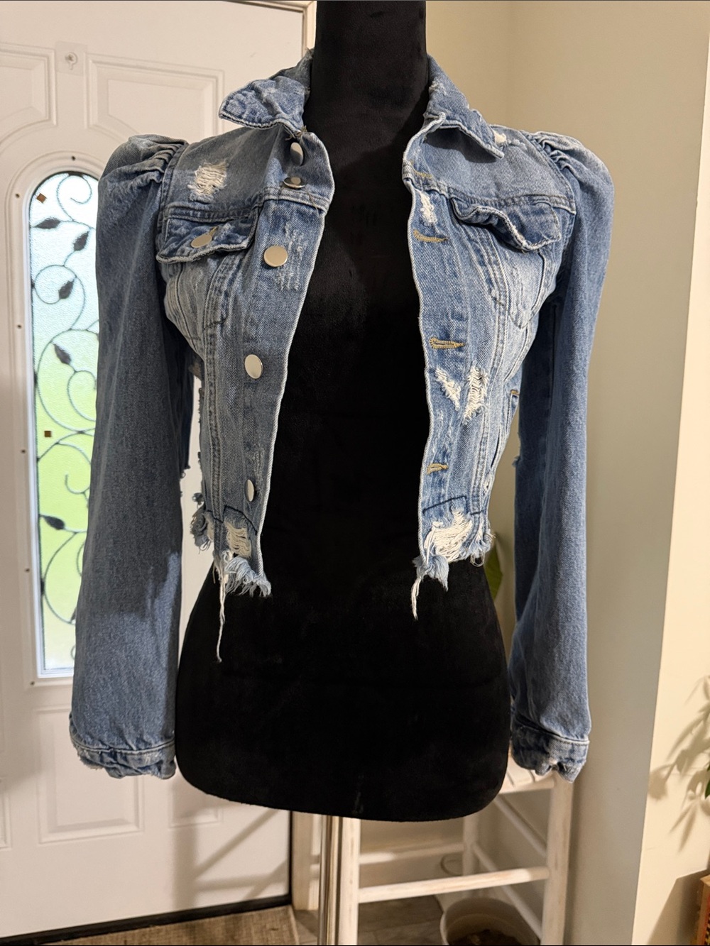 Distressed Light Blue Cropped Denim Jacket - Women's Jean Jacket